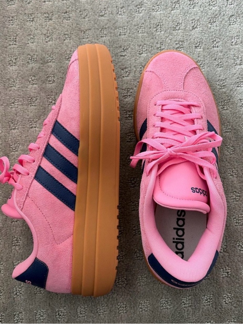 adidas Pink Suede Platform Sneakers with Navy Stripes and Gum Sole - Picture 3 of 8